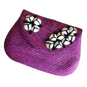 Felix Rey NY Fuchsia Straw Clutch Purse Seashell Embellished Boho Beach Bag